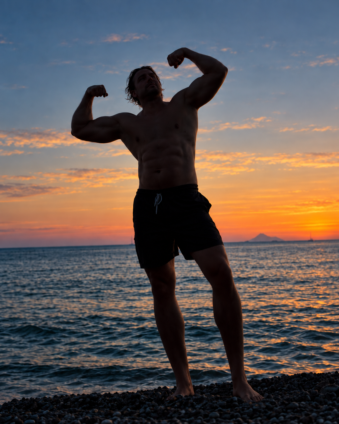 Silhouette eines Mannes bei Sonnenuntergang am Black Beach auf Santorini — Symbolbild Matijavelli Performance